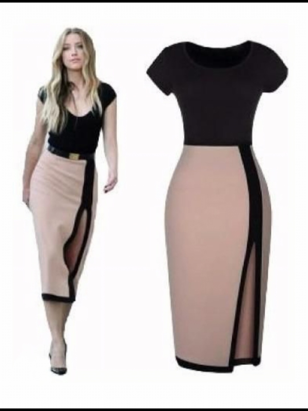 Miusol Black and Beige Colorblock Midi Dress 14